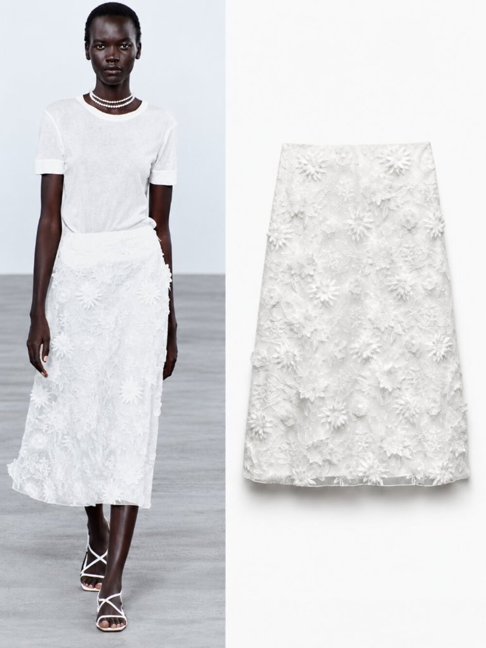 ZARA NWT Floral Appliqué Embroidered Mesh Midi Skirt White XL